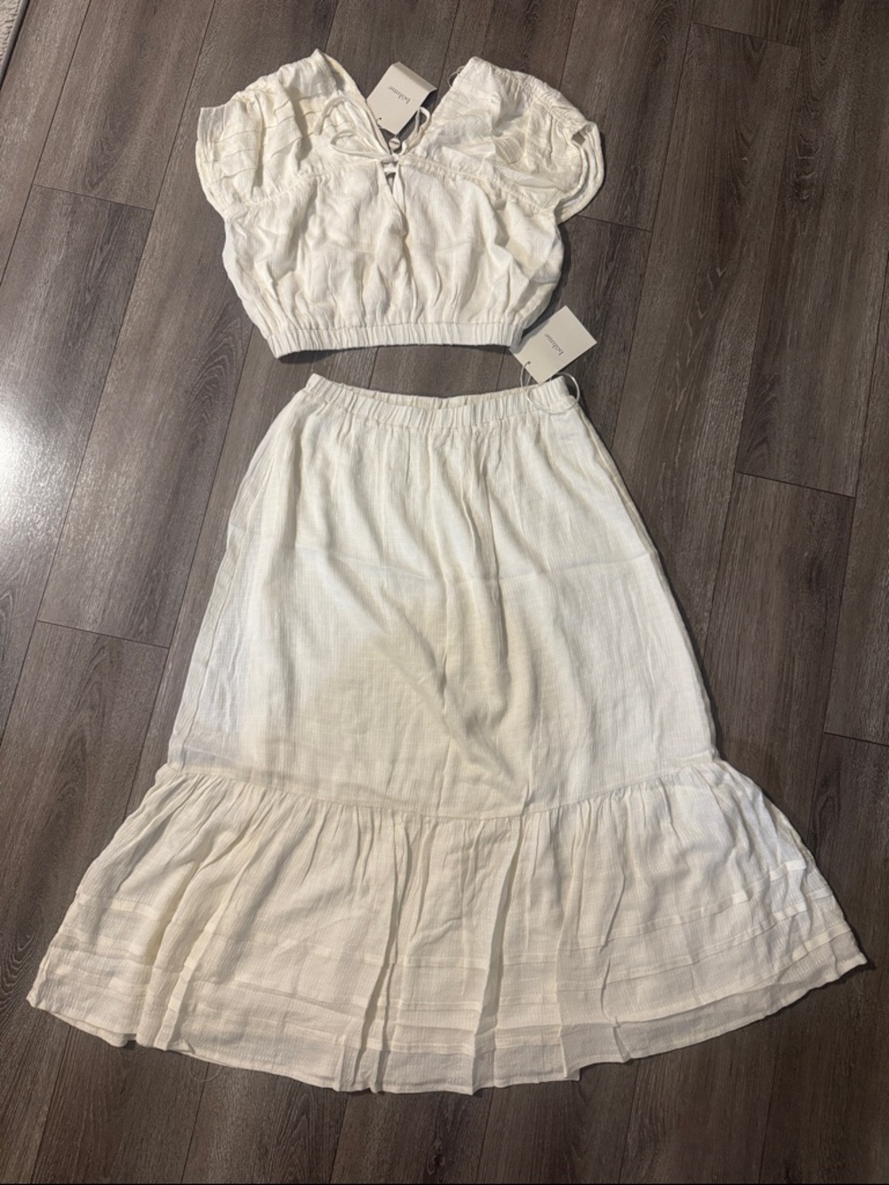 Bohme NWT White Linen Blend Two Piece Set Puff Sleeve Crop Top Midi Skirt Size M